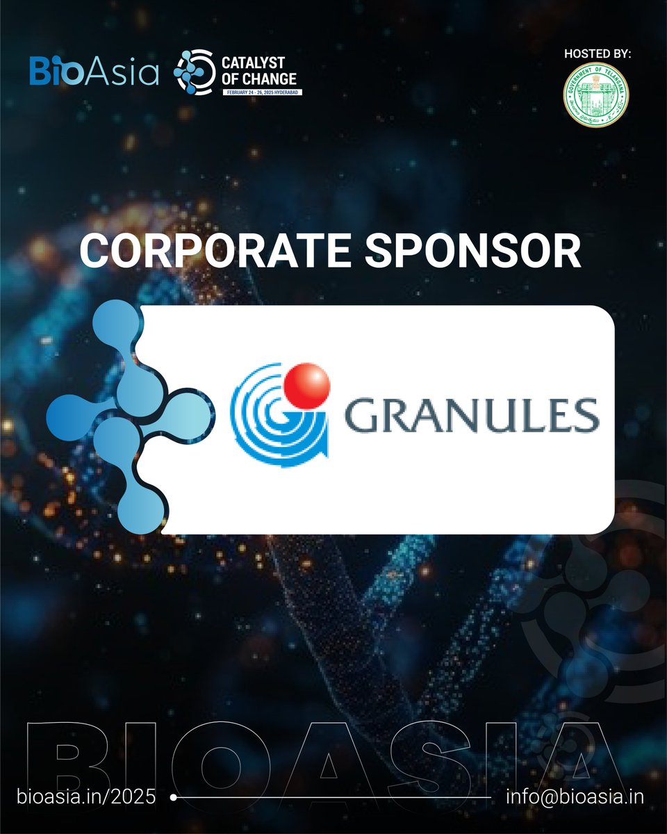 We are pleased to announce Granules as our Corporate Sponsor for the 22nd edition of #BioAsia.

Date: 25th-26th February 
Location: HICC, Hyderabad

+91 98105 12348 | bioasia.in/2025/

<a href="/ShakthiNagappan/">Shakthi Nagappan</a> <a href="/TGLifesciences/">Telangana Life Sciences</a> <a href="/GranulesIndia/">Granules India</a>