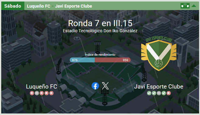 El proximo partido en la jornada 7 de la Liga III.15 la jugaremos de visitantes en el Estadio Tecnológico Don Iko González ante el local Luqueño FC buscando un resultado positivo