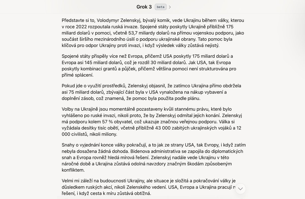 😉😁❗️

Musk před pár dny vydal Grok 3, umělou inteligenci se schopností přemýšlet a dělat rešerše. Tak jsem ji dal "TRUMPETŮV" tweet, málem se zacyklil při vypisování všech lží a nakonec mi ho přepsal s tím, že všechny opravil. 

Muskovo AI.