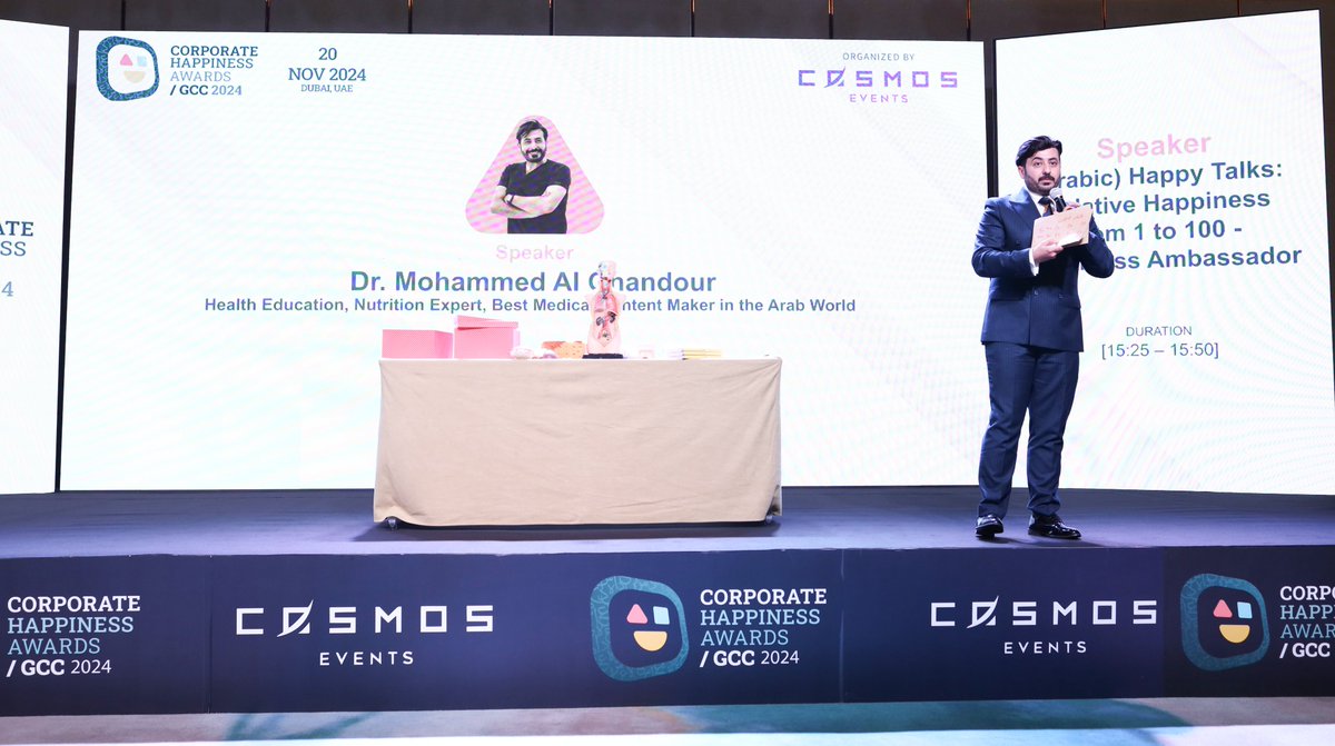CosmosEventsme's tweet image. Dr. Mohammed Al Ghandour shared valuable insights on quantifying happiness on a 1-100 scale. A truly impactful session on enhancing our #Wellbeing.

#Happiness #Wellbeing #corporatehappinessawardsgcc #CHAGCC #UAE