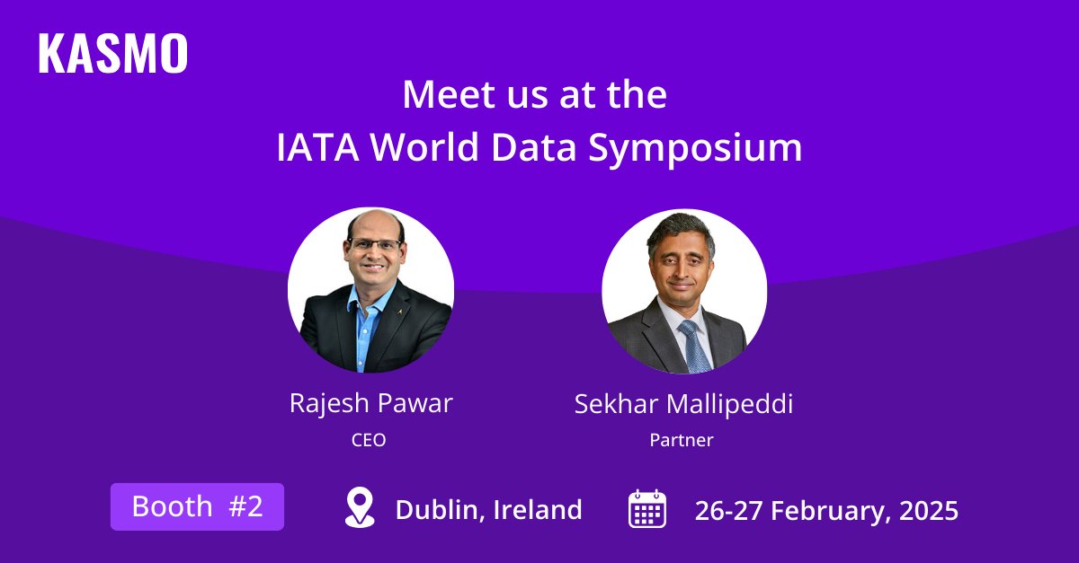 Kasmodigital's tweet image. Meet Kasmo&apos;s CEO – @pawarrajesh  and Sekhar Mallipeddi , Partner at Booth 2 during the IATA World Data Symposium (Feb 26-27, Dublin, Ireland) &amp;amp; discuss how Kasmo’s data and AI solutions are transforming the aviation industry!  

Explore our T&amp;amp;H solutions: tinyurl.com/2yvj2vxt