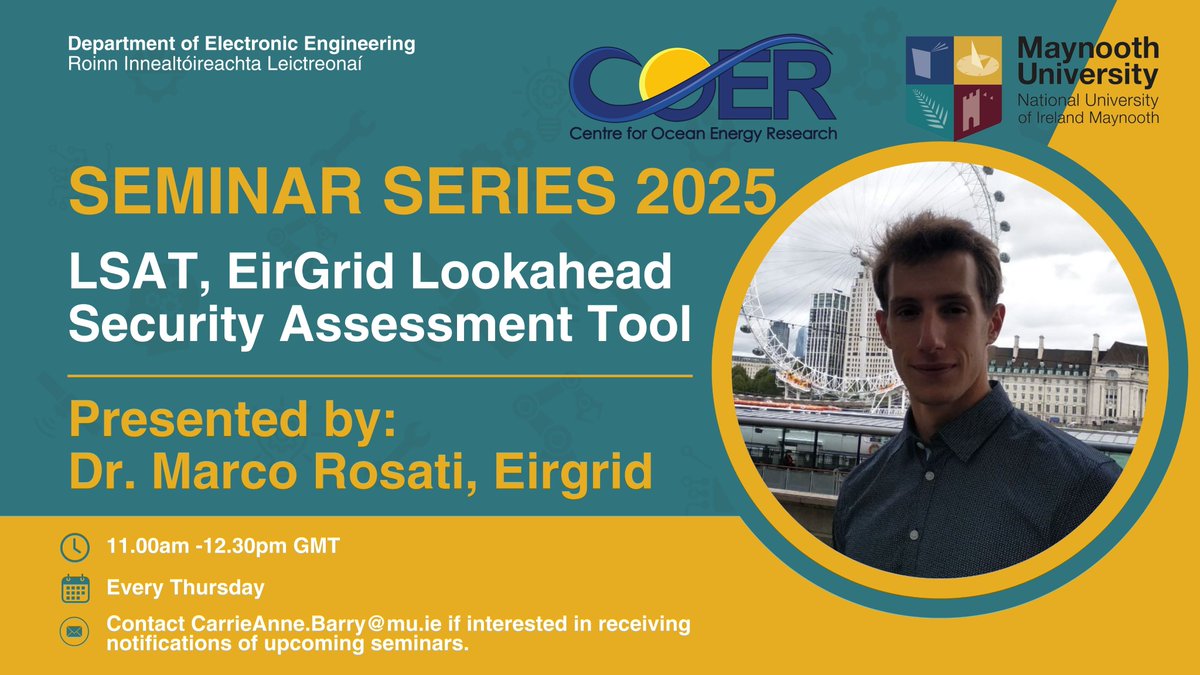 Today's seminar welcomed Marco Rosati from the Future Operations Design Authority at Eirgrid.  He is discussing the Energy Management System used in Eirgrid. If you would like to join our weekly seminar mailing list, contact CarrieAnne.Barry@mu.ie.