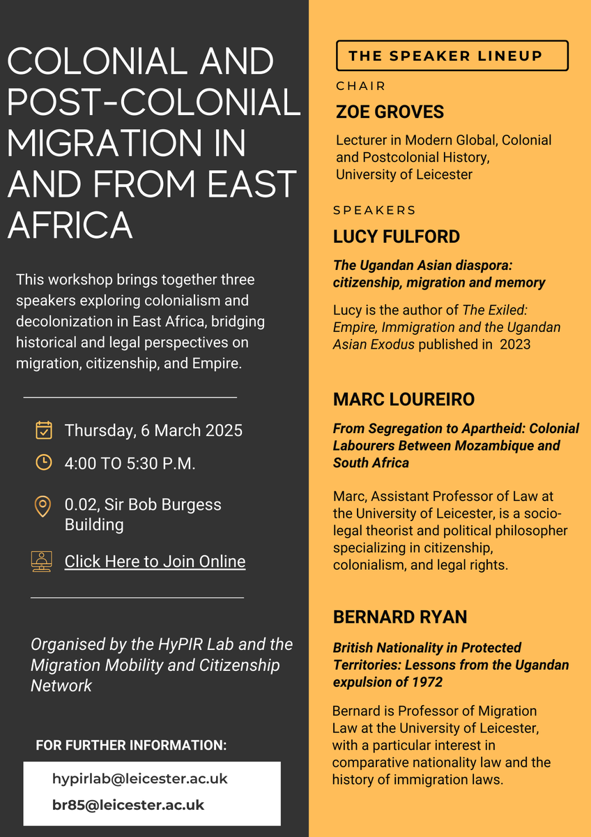 📢 Workshop on Colonial &amp; Post-Colonial Migration in &amp; from East Africa! 
📅6th March 2025
⏰4 to 5.30 p.m.
📍0.02, Sir Bob Burgess Building 
Featuring expert speakers discussing migration, citizenship, and decolonization: <a href="/lucyfulford/">Lucy Fulford</a> @MarcLoureiro and Prof. Bernard Ryan.