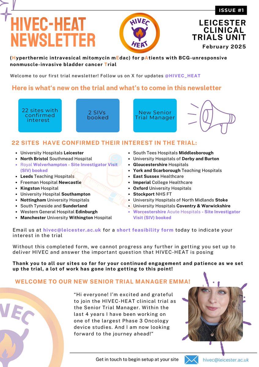 HIVEC-HEAT (@hivec_heat) on Twitter photo Fast approaching recruiting our first participant, we now have 2 Site Investigator Visits booked with <a href="/RWT_NHS/">The Royal Wolverhampton NHS Trust 🏥</a> and <a href="/WAHT_Research/">Worcestershire Acute Hospitals NHS Trust R&I</a> 🥳 Check out our newsletter for further updates including our brand new wonderful Senior Trial Manager. Welcome Emma!
<a href="/trlgriffiths/">Leyshon Griffiths</a> <a href="/CombatCancer/">Combat Medical #HIVEC #HIPEC</a> Fast approaching recruiting our first participant, we now have 2 Site Investigator Visits booked with <a href="/RWT_NHS/">The Royal Wolverhampton NHS Trust 🏥</a> and <a href="/WAHT_Research/">Worcestershire Acute Hospitals NHS Trust R&I</a> 🥳 Check out our newsletter for further updates including our brand new wonderful Senior Trial Manager. Welcome Emma!
<a href="/trlgriffiths/">Leyshon Griffiths</a> <a href="/CombatCancer/">Combat Medical #HIVEC #HIPEC</a>