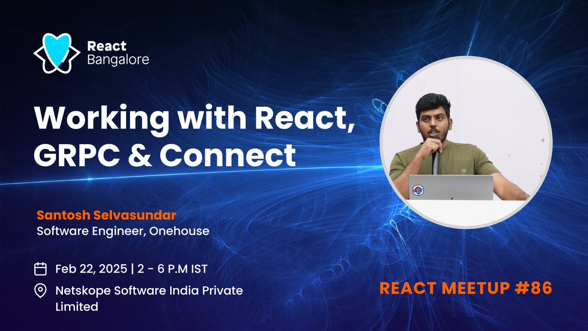 React Bangalore (@reactbangalore) on Twitter photo ✨ At our next React meetup, <a href="/TweetWithSan/">Santosh Selvasundar</a> will share his insights on architecting state management for GRPC based apps.
Register to join us at the meetup
meetup.com/reactjs-bangal… ✨ At our next React meetup, <a href="/TweetWithSan/">Santosh Selvasundar</a> will share his insights on architecting state management for GRPC based apps.
Register to join us at the meetup
meetup.com/reactjs-bangal…