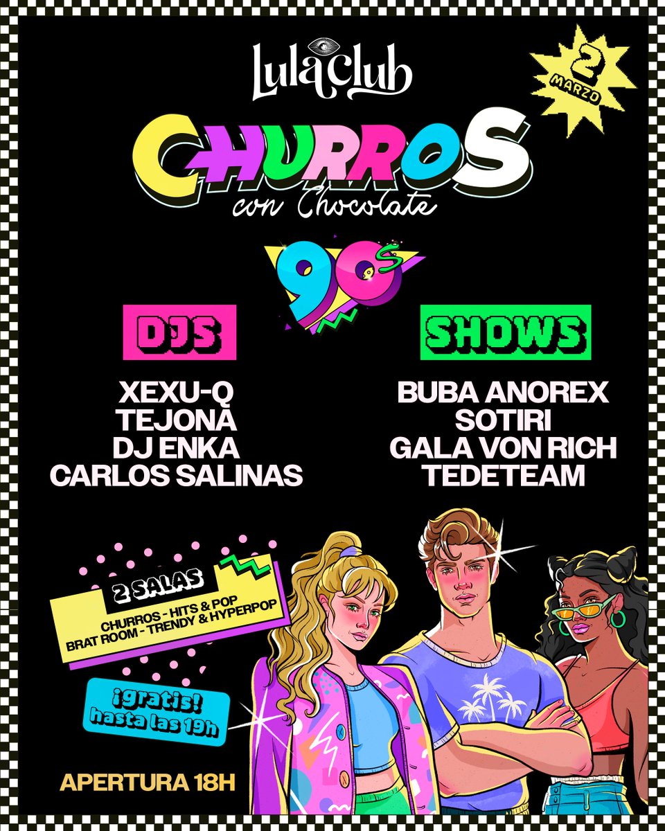 💿 ¡Madrid! El 2 marzo CHURROS 90’s en LuLa Club 🕹️ Viajamos en el tiempo para regresar a la época dorada de los VHS, la Nintendo y la música Dance ⚡️ ¡Te hemos preparado un fiestón para que lo pases dabuti! 🕺 ¡2 salas abiertas!
🎟️ notikumi.com/2025/3/2/churr…