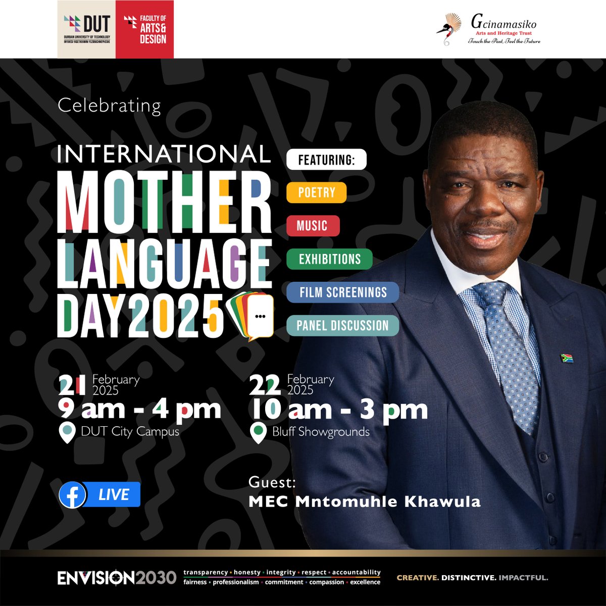 We are honoured to have Dr. Gcina Mhlophe, the world-renowned South African storyteller, and KwaZulu-Natal MEC for Sport, Arts and Culture, Mr. Mntomuhle Khawula, as our distinguished guest speakers for the International Mother Language Day Commemoration! 🙌