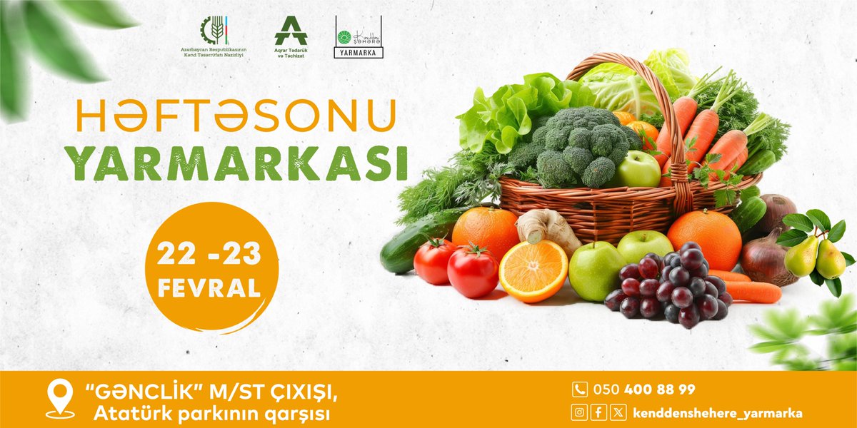 22-23 fevral tarixlərində növbəti dəfə “Kənddən Şəhərə” həftəsonu yarmarkası təşkil olunacaq
DAHA ƏTRAFLI: att.gov.az/az/updates/new…