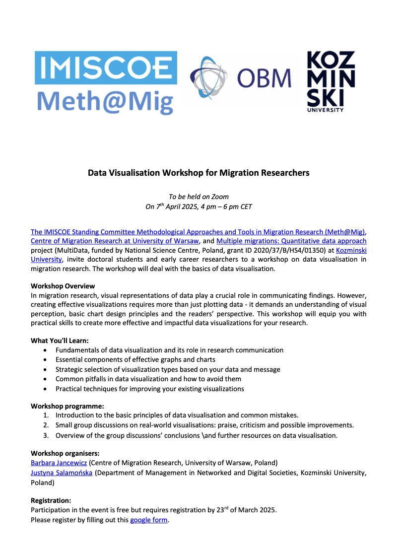 IMISCOE (@imiscoe) on Twitter photo Data Visualisation online Workshop for Migration Researchers <a href="/METHatMIG/">Methods in Migration Research (Meth@Mig - IMISCOE)</a> <a href="/CMR_Warsaw/">CMR_Warsaw</a> <a href="/KozminskiUni/">Kozminski University</a>
🗓️When ? 7th April2025,4pm–6pm CET
✏️Deadline for registrations: March 23
Take a look at the call here: imiscoe.org/docman-docs/ne… Data Visualisation online Workshop for Migration Researchers <a href="/METHatMIG/">Methods in Migration Research (Meth@Mig - IMISCOE)</a> <a href="/CMR_Warsaw/">CMR_Warsaw</a> <a href="/KozminskiUni/">Kozminski University</a>
🗓️When ? 7th April2025,4pm–6pm CET
✏️Deadline for registrations: March 23
Take a look at the call here: imiscoe.org/docman-docs/ne…