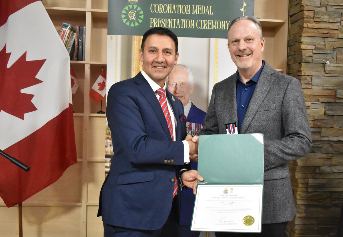 tochrishiggins's tweet image. At the Grenadier Restaurant on January 15, 2025, receiving the King Charles III Coronation Medal from Canada’s Minister of Justice, MP Arif Virani, Parkdale-High Park.