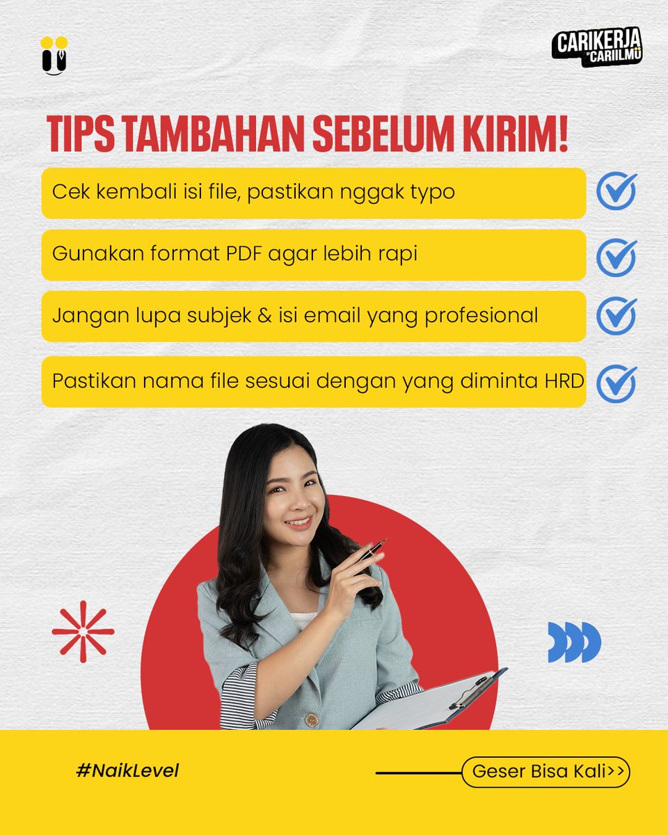 cariilmucoid_'s tweet image. ❌ Jangan Pakai Nama File Kayak Gini:
⚠️ &quot;CV FINAL.docx&quot;
⚠️ &quot;Curriculum Vitae Fix Fix.pdf&quot;

Psst… Mau tips karier lainnya &amp;amp; peluang kerja? Join Group Carikerja by Cariilmu!

#lamarankerja #carikerja  #tipscv #hrdapproved #interview #jobhunting #careertips #cariilmu #naiklevel