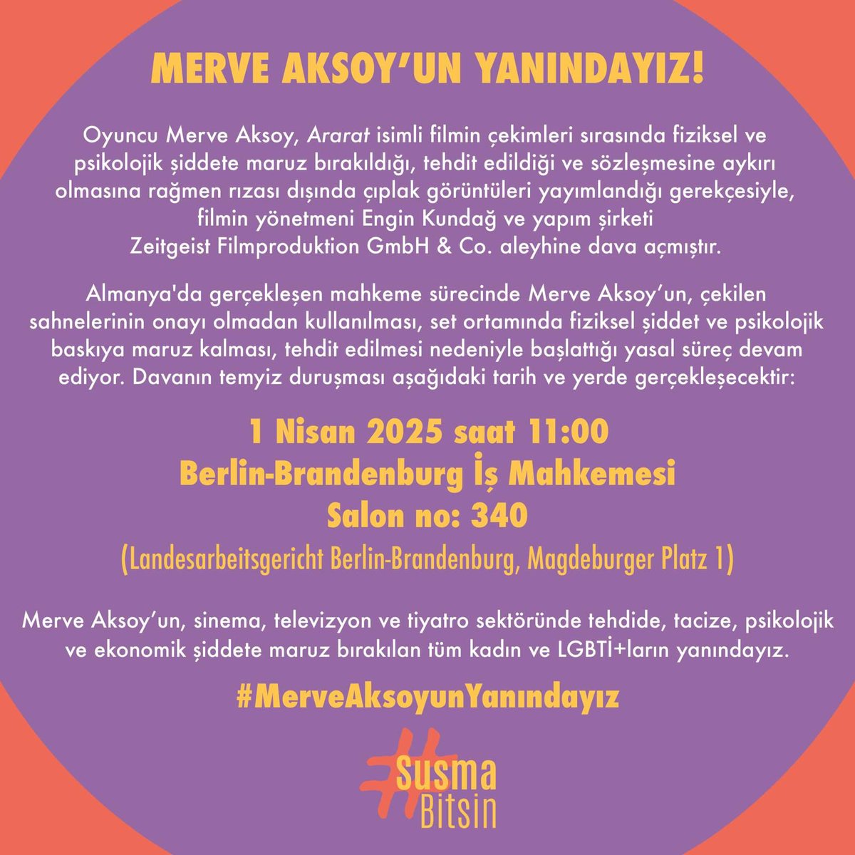 SusmaBitsin's tweet image. Oyuncu Merve Aksoy, Ararat filminin çekimlerinde fiziksel ve psikolojik şiddete maruz kaldığı, tehdit edildiği ve rızası dışında çıplak görüntülerinin yayımlandığı gerekçesiyle, yönetmen Engin Kundağ ve yapım şirketi Zeitgeist Filmproduktion GmbH &amp;amp; Co.'ya dava açmıştır.