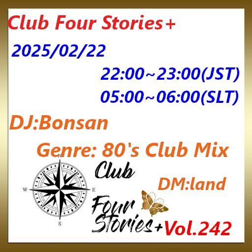 0Kao_cha0's tweet photo. Club Four Stories+Vol.242

2025/02/22
22:00~23:00(JST)
05:00~06:00(SLT)

DJ:Bonsan
Genre:80'S Club Mix
DM:land

https://t.co/XKyFoMqQXc https://t.co/dh5p7yekfY