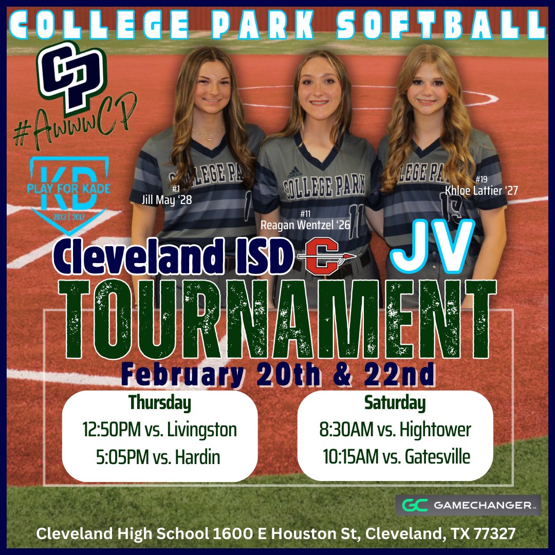 TWCP Softball (@twcpsoftball) on Twitter photo It’s a cold Thursday but we got JV tourney action today. Nothing’s stopping us.
🥎 vs Livingston/Hardin
📆 Thurs, Feb 20
⏱ 12:50/5:05
📍 Cleveland HS
#AwwwCP #ContinueTheClimb
<a href="/ConroeISDSports/">Conroe ISD Athletics</a> <a href="/TWCP_ATHLETICS/">College Park Athletics</a> <a href="/CollegeParkHS/">College Park HS</a> <a href="/CPSNFootball/">CPSN - College Park Sports Network</a> It’s a cold Thursday but we got JV tourney action today. Nothing’s stopping us.
🥎 vs Livingston/Hardin
📆 Thurs, Feb 20
⏱ 12:50/5:05
📍 Cleveland HS
#AwwwCP #ContinueTheClimb
<a href="/ConroeISDSports/">Conroe ISD Athletics</a> <a href="/TWCP_ATHLETICS/">College Park Athletics</a> <a href="/CollegeParkHS/">College Park HS</a> <a href="/CPSNFootball/">CPSN - College Park Sports Network</a>