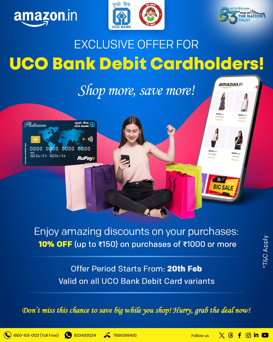 UCOBankOfficial's tweet photo. Exciting news for UCO Bank Debit Cardholders!
Shop more, save more on https://t.co/J0C6GsT05n with an exclusive 10% OFF (up to ₹150) on purchases of ₹1000 or more.
Offer starts 20th Feb—don’t miss out!
#UCODebitCard #AmazonOffer #ShopAndSave #UCODigital #UCOBank83Years https://t.co/Mobe5p8lD2