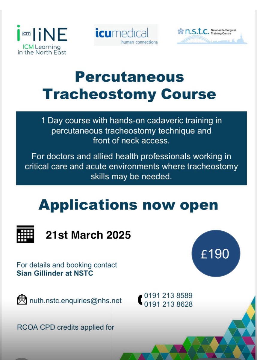Reminder for the upcoming perc trache course run by I-LiNE and the NCL surgical skills centre. Few last remaining places <a href="/NUTHMedEd/">Medical Education @ Newcastle Hospitals</a> <a href="/_a_liNE_news/">A-liNE</a> <a href="/FICMNews/">FICMNews</a> <a href="/RCoANews/">Royal College of Anaesthetists</a> <a href="/jessandzz/">Michelle Carey 💙</a> <a href="/NorthumbriaNHS/">NorthumbriaNHS</a>