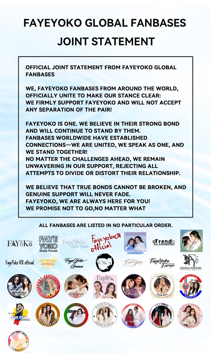 fayeyokoPH's tweet photo. ‼️FayeYoko Global Fan Clubs hereby solemnly declares: We will always support FayeYoko and firmly oppose any actions that break them up ‼️

@malisorn00 @Yoko_apasra 
ALL FOR FY 
#FightforFY
