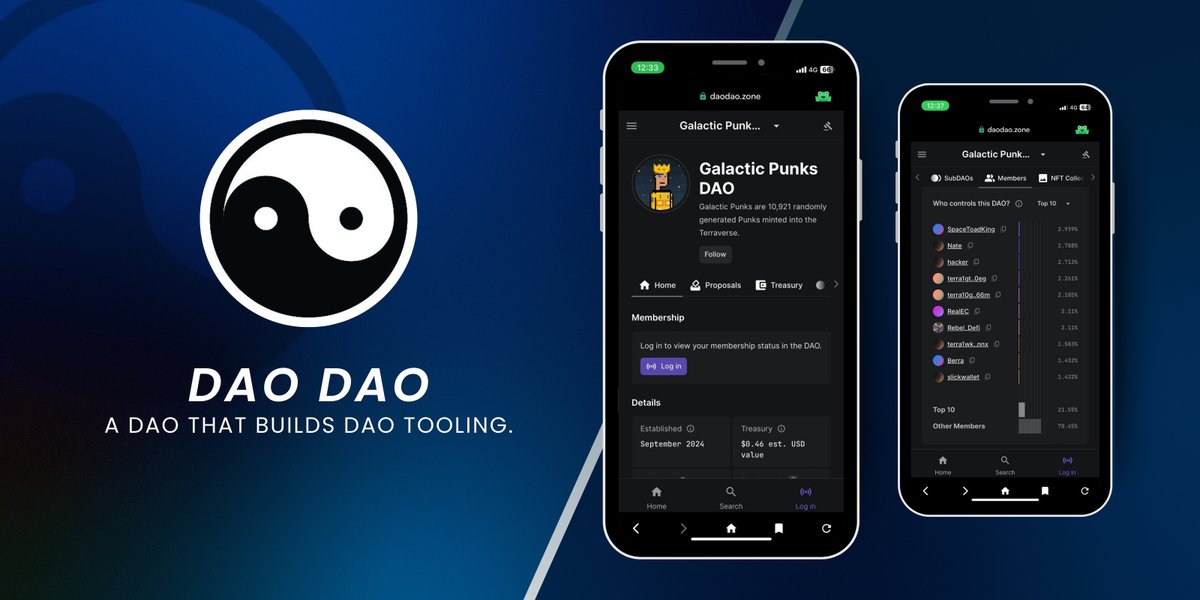The vast majority of Terra DAOs are now using <a href="/DA0_DA0/">DAO DAO</a> to manage staking, governance proposals, rewards distribution &amp; more ☯️

Moreover, the <a href="/leap_wallet/">Leap Wallet</a> mobile browser integration means NFT communities can manage everything on the go 🐸

Two of the great projects on Terra 🌕