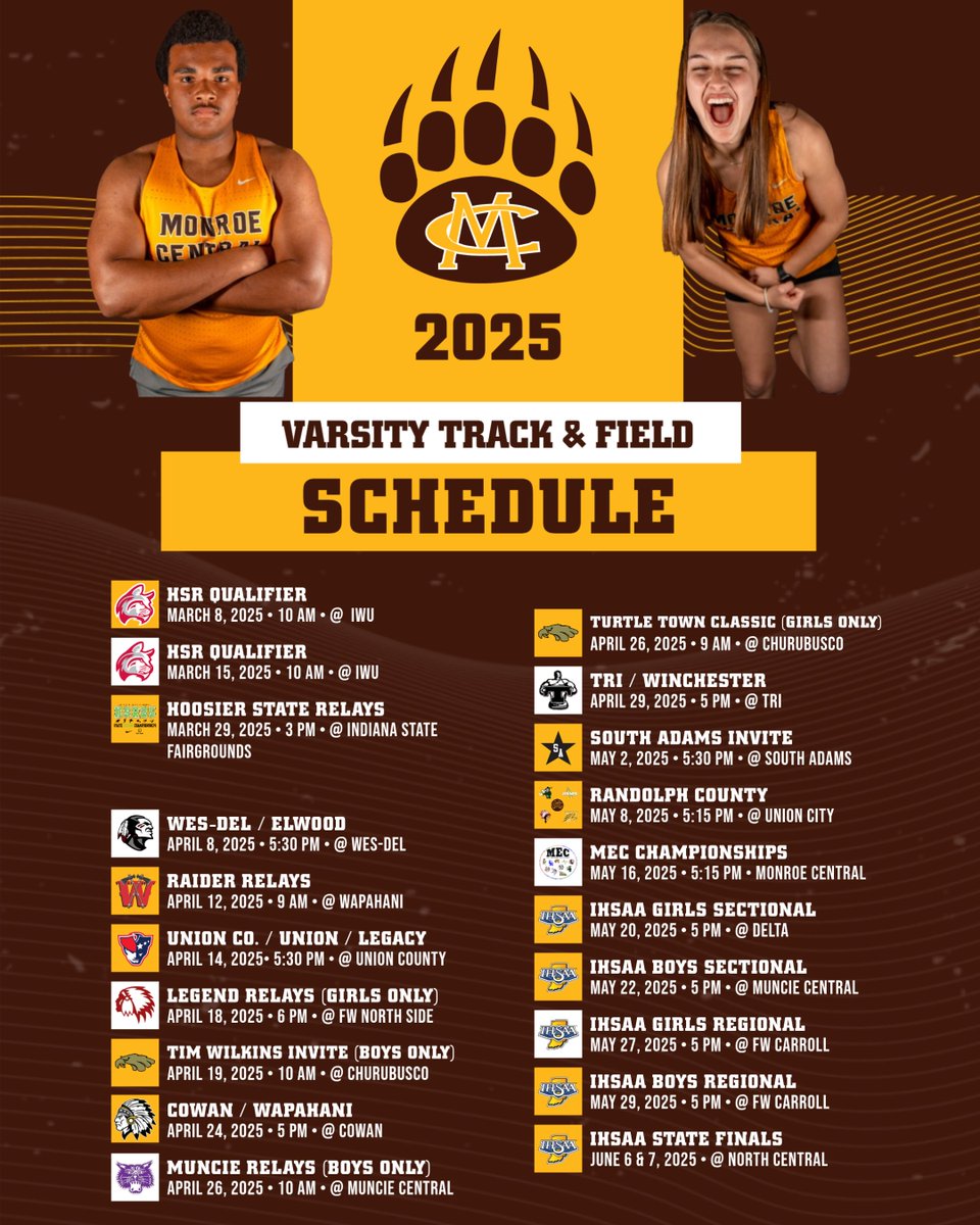 Monroe Central Golden Bears (@mcgoldenbears_) on Twitter photo VARSITY TRACK & FIELD SCHEDULE
Good luck to our Varsity Track & Field teams this year! We look forward to a great season! Their first indoor meet is Saturday, March 8th at IWU!
#GoBears🐻 <a href="/MonroeCentralTF/">Monroe Central Track & Field</a> VARSITY TRACK & FIELD SCHEDULE
Good luck to our Varsity Track & Field teams this year! We look forward to a great season! Their first indoor meet is Saturday, March 8th at IWU!
#GoBears🐻 <a href="/MonroeCentralTF/">Monroe Central Track & Field</a>