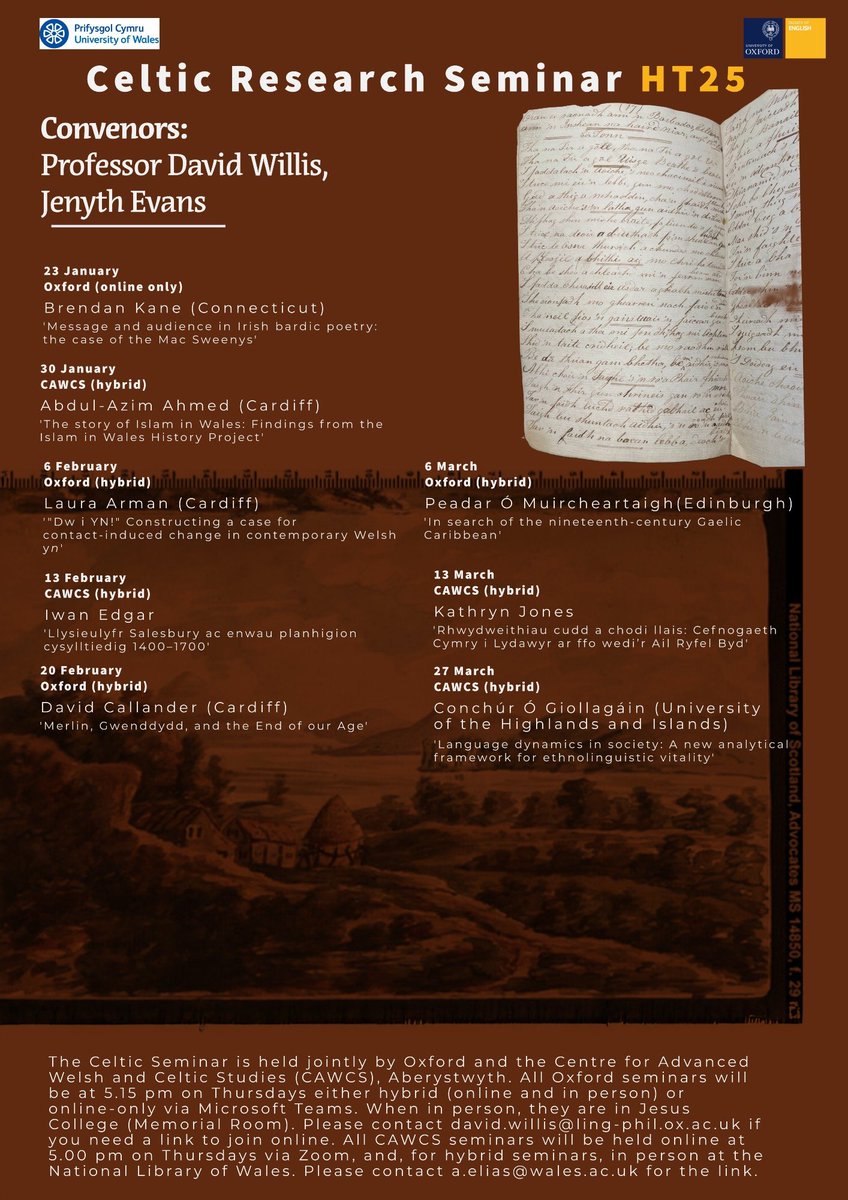 Hybrid seminar TONIGHT

🌍 Bydd David Callander (<a href="/ysgolygymraeg/">Ysgol y Gymraeg</a>) yn trafod thema diwedd y byd ym marddoniaeth Myrddin heno…

⏰ 5:15pm
🗓️ TONIGHT 20.02.25
📍 <a href="/JesusOxford/">Jesus College Oxford</a> and online
🔗 Link details on poster

<a href="/CelticOxford/">Celtic Studies at the University of Oxford</a> 
<a href="/Ganolfan/">Y Ganolfan Geltaidd</a>