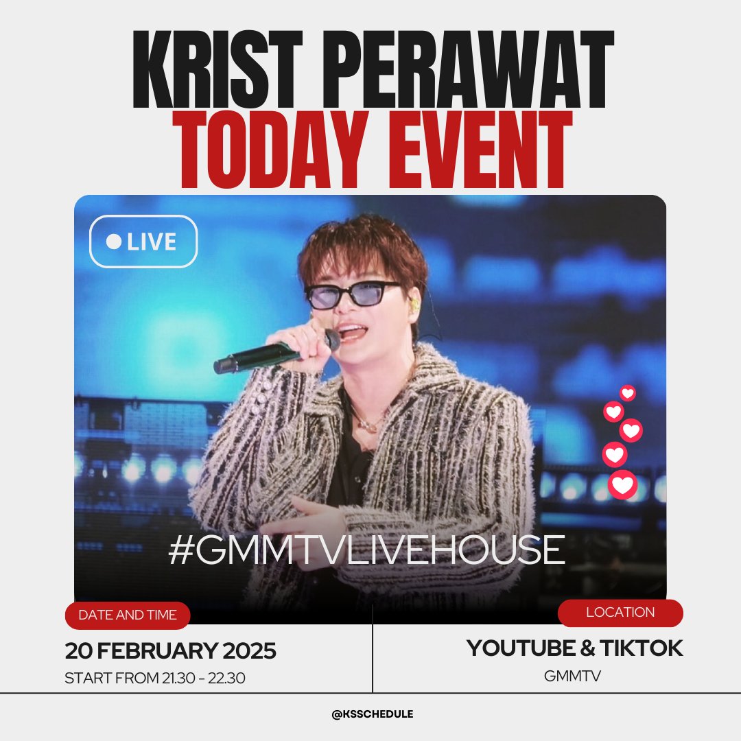 KSschedule's tweet photo. Today!

🔴LIVE

🔑 MC KristP 
⏲️ 21.30 
📍 Youtube &amp; Tiktok GMMTV
#⃣ #GMMTVLIVEHOUSE

#KristPerawat #ยูยู่ของคุณพี https://t.co/dfMdaTzDDc