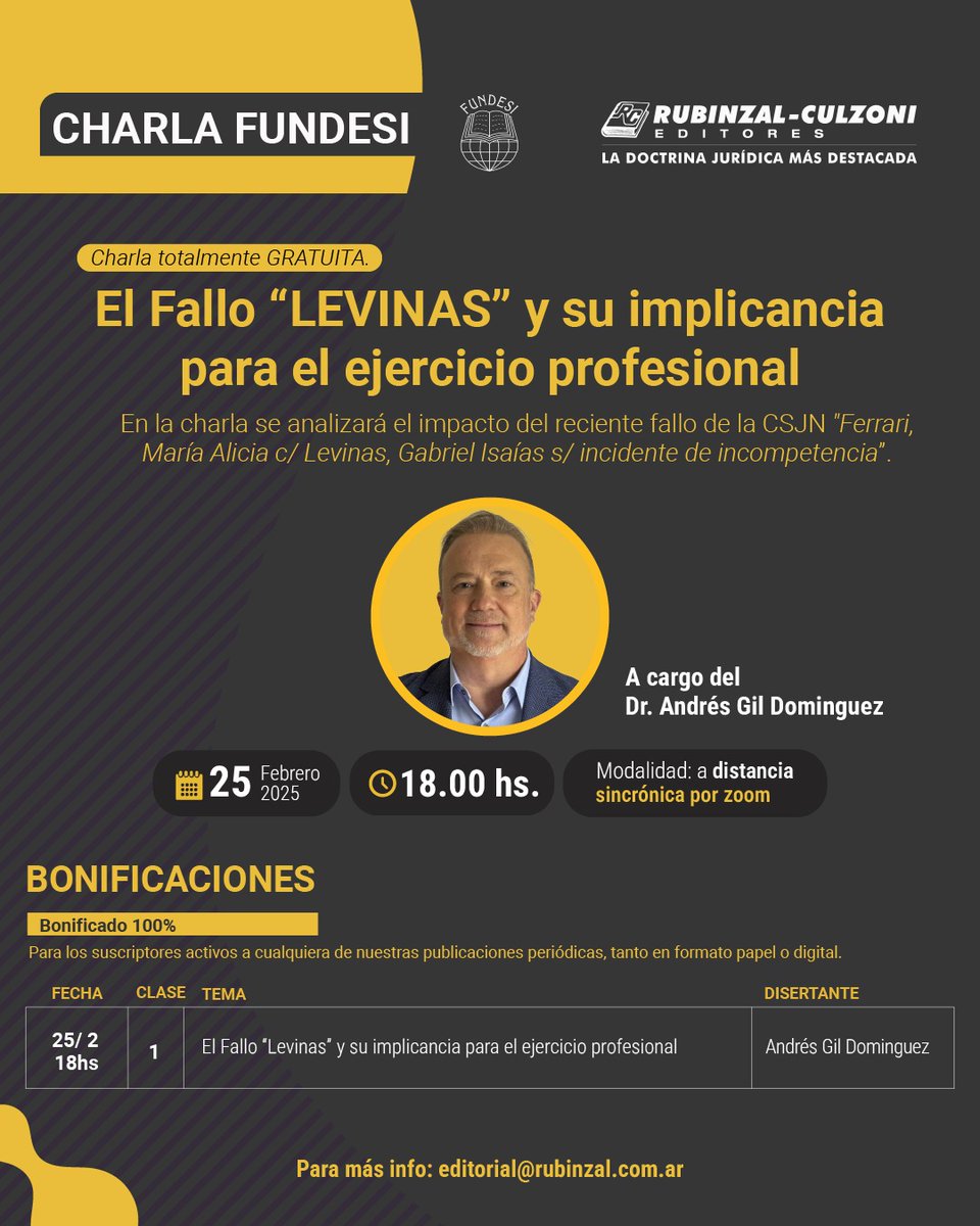 📍 CHARLA FUNDESI: El Fallo "Levinas" y su impacto en la práctica profesional
🔸 A cargo de <a href="/agildominguez/">Andres Gil Dominguez</a>
📅 Fecha: 25 de febrero de 2025
⏰ Horario: 18:00 hs
💻 Modalidad: A distancia (Zoom)

🎟️ Beneficio especial: 100% GRATUITO para suscriptores activos