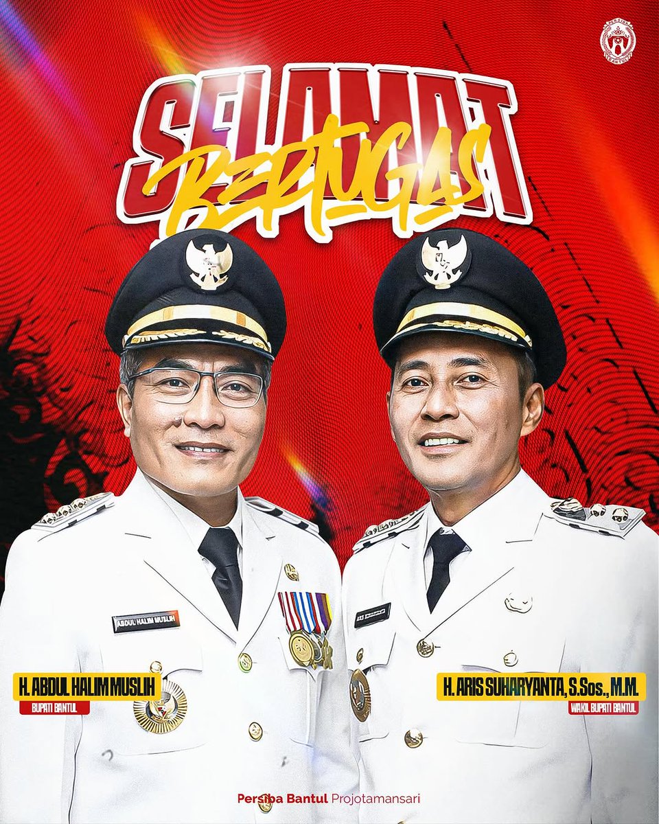 Selamat bertugas untuk Kabupaten Bantul, Bupati H. Abdul Halim Muslih dan Wakil Bupati H. Aris Suharyanta, S.Sos., M.M.masa jabatan 2025-2030.

Semoga bisa menjadikan Bantul lebih baik dan saling bersinergi sengan semua stakeholder yang ada. Terkhusus bidang olahraga Sepakbola.
