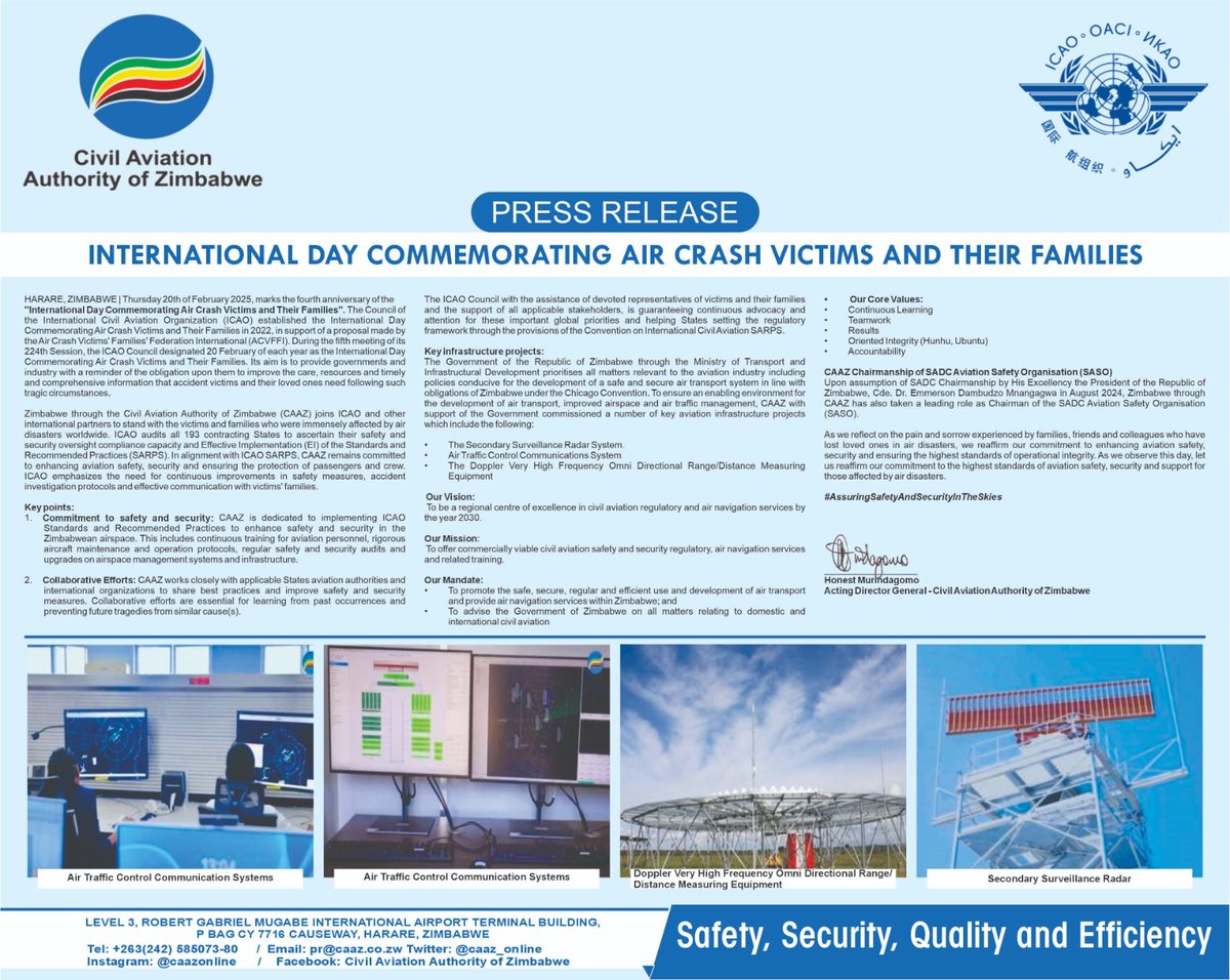 Thursday 20th of February 2025, marks the fourth anniversary of the "International Day Commemorating Air Crash Victims and Their Families".

#AssuringSafetyAndSecurityInTheSkies

<a href="/ATCAZW/">Air Traffic Controllers Association of Zimbabwe</a>