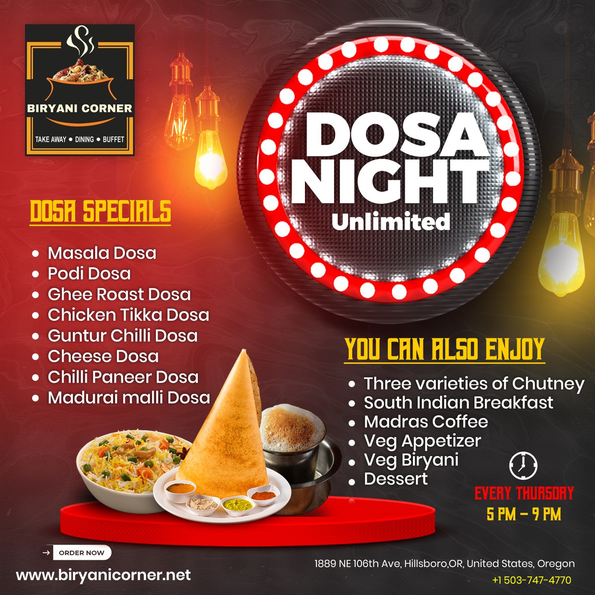 biryani_corner_'s tweet photo. 🥞 Dosa Night Unlimited – Every Thursday! 🥞

📅 EVERY THURSDAY | 🕔 5 PM – 9 PM

📍 1889 NE 106th Ave, Hillsboro, OR 97006
📞 +1 503-747-4770
🌐 https://t.co/X3dKo17hjt

#DosaNight #SouthIndianFlavors #MasalaDosa #ChutneyLove #MadrasCoffee #FoodieFavorites #BiryaniCorner https://t.co/pEQaDDKdyv