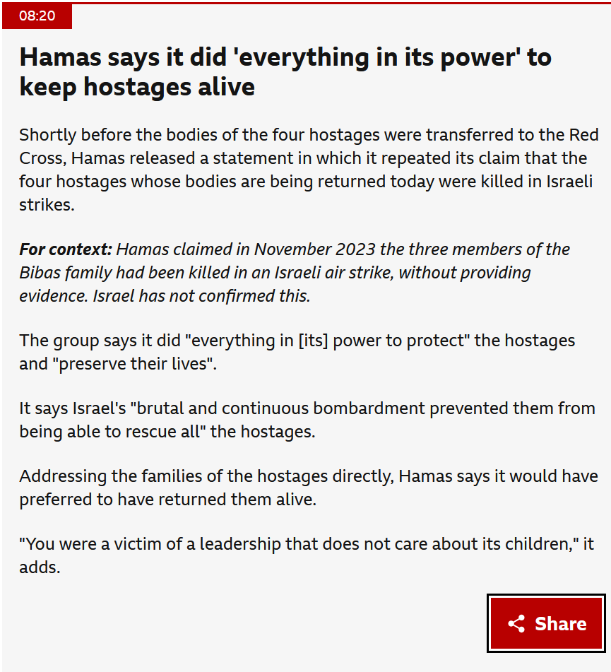 antisemitism's tweet photo. Just when you think the @BBC could not sink any lower.

Days after allegations of our national broadcaster publishing Hamas propaganda emerge, it finally offers a flimsy apology in which it states it will air it again but will “add some more detail to the film”.

Then today, it provides a stage for stomach-churning claims from the very same antisemitic genocidal group.

How about pointing out that the hostages — including a baby and a four-year-old they kidnapped — would still be alive had they not been taken from their home by Hamas terrorists in the first place?

Why does the BBC insist on treating Hamas as though it were some neutral party? 

It is a proscribed terrorist organisation that has explicitly stated its goal is the annihilation of Jews and Israelis wherever they may be around the world.

How can the BBC claim that this article is provided “For context” without providing that context?

How can they tell their worldwide audience and the British public who pay their salaries that Hamas says “it would have preferred to have returned them alive” when Hamas’ goal is the murder of every Jew?

The BBC is an abject disgrace.