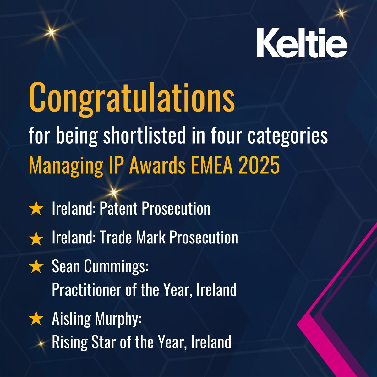 🙌 Congratulations to the team at @KeltieIreland  for being shortlisted at the Managing IP Awards 2025 in Patent and Trade Mark Prosecution!

👏 Well done to Sean Cummings (Practitioner of the Year) and Aisling Murphy (Rising Star) for their well-earned recognition.