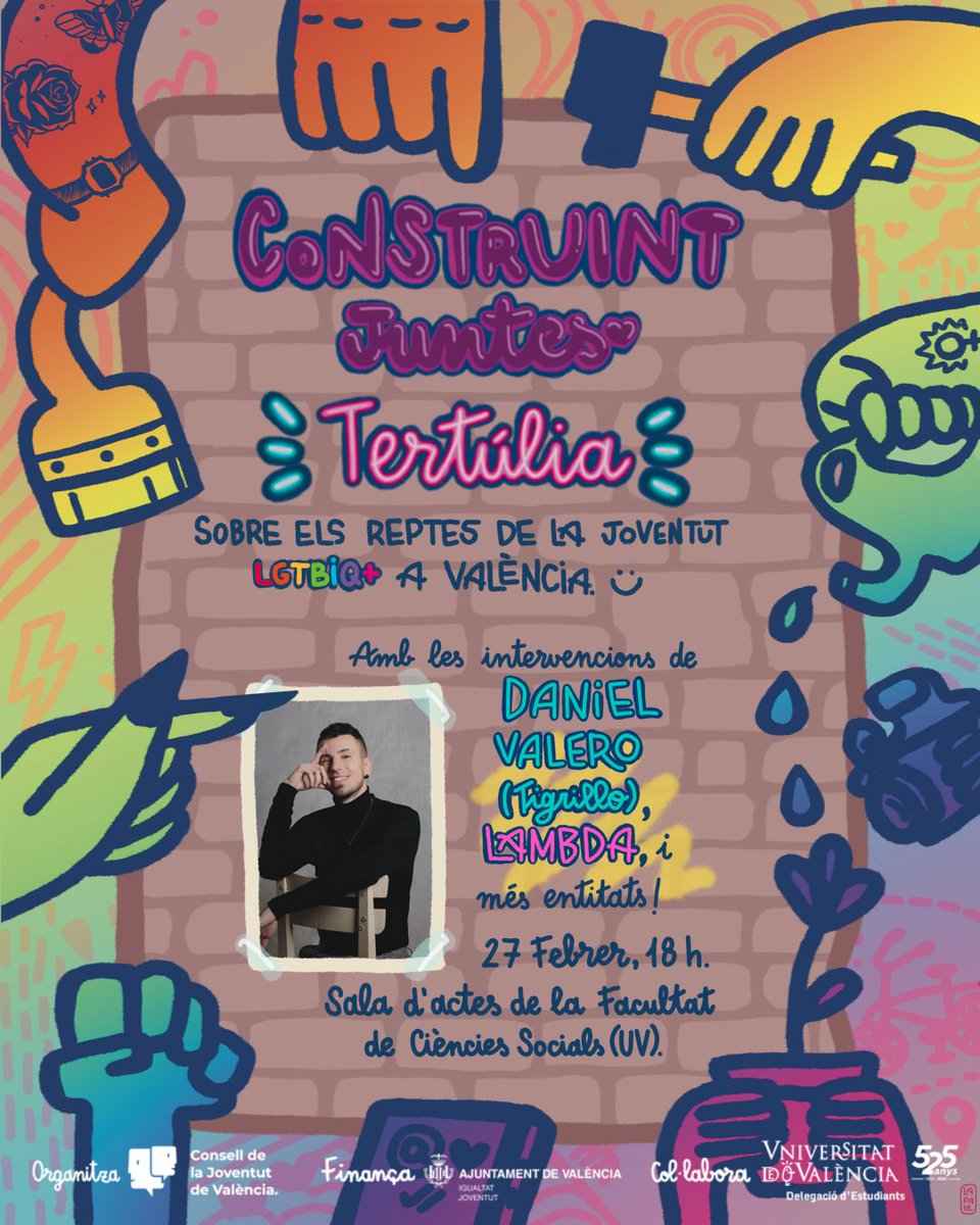 🏳️‍🌈CONSTRUINT JUNTES: Tertúlia sobre els reptes de la joventut LGTBIQ+ a València

📝Inscripcions: valenciajove.org/inscripcions

📍Vos esperem el proper dijous 27 de febrer a les 18h a la Facultat de Ciències Socials (Campus de Tarongers UV)