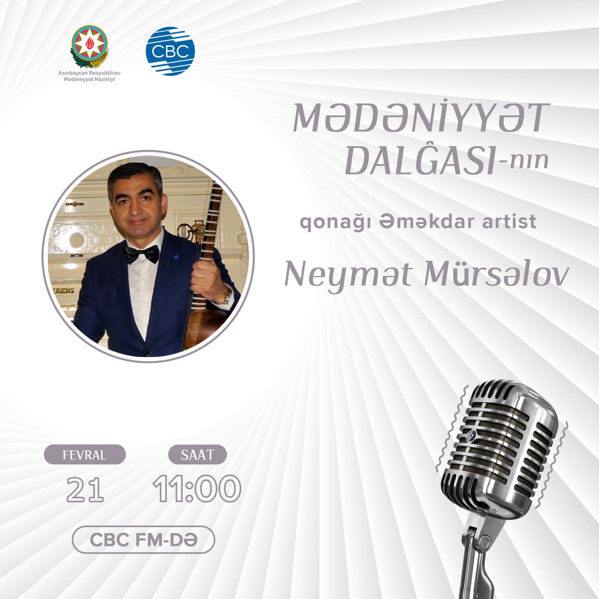 culture_gov_az's tweet photo. “Mədəniyyət Dalğası” layihəsinin növbəti qonağı Əməkdar artist Neymət Mürsəlovdur.
#Azərbaycan #MədəniyyətNazirliyi #CBCFM #mədəniyyət #radio #fm #layihəqonağı https://t.co/5DCQKVsudd