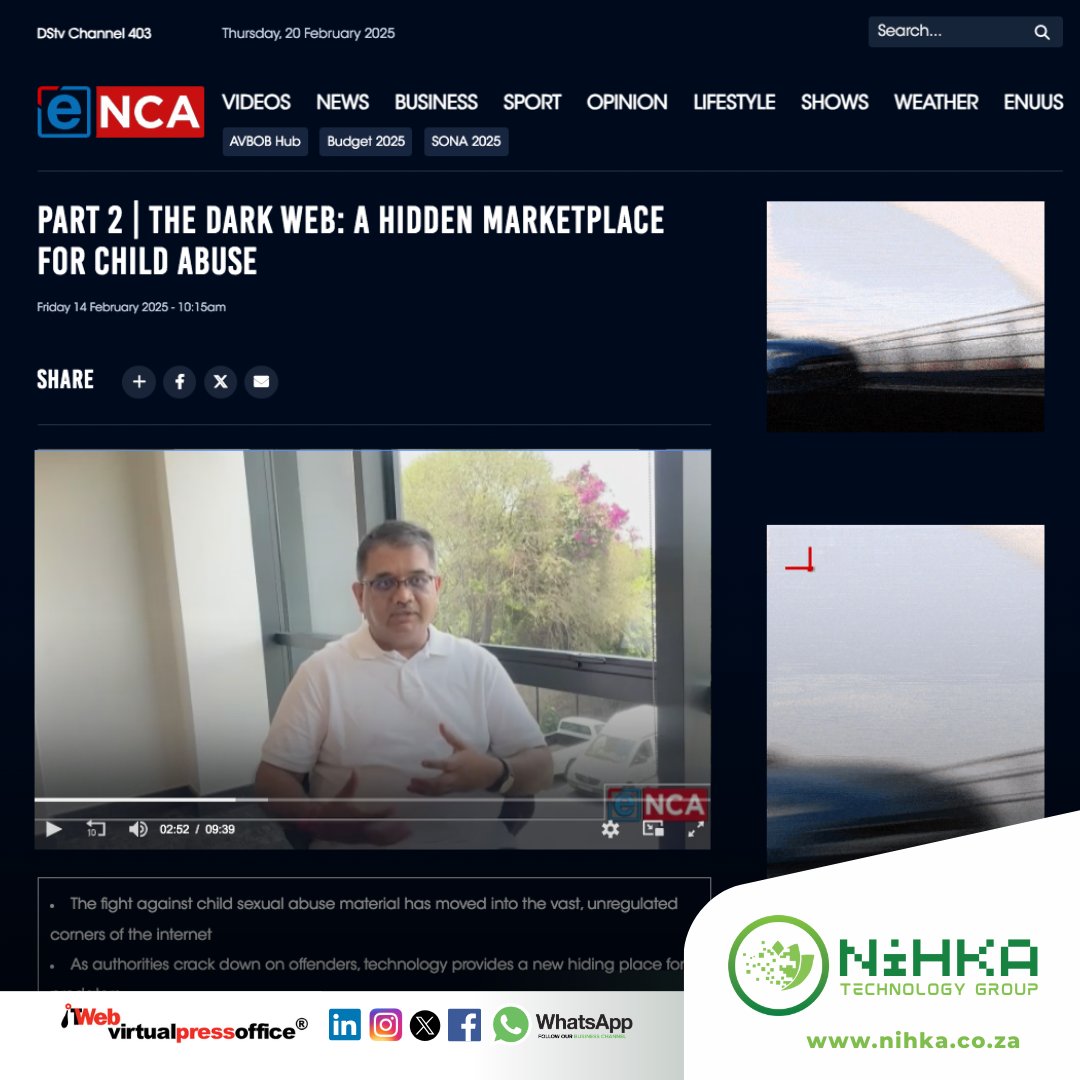 Nihka Technology Group (@nihkatechgroup) on Twitter photo 🚨 The Dark Web’s Hidden Dangers 🚨
The dark web enables crimes like child exploitation, hidden by encryption & crypto. Our COO, Jay Mistri, spoke with eNCA on why awareness is key. Nihka fights back with advanced cybersecurity.
#DarkWebAwareness  #ProtectOurChildren 🚨 The Dark Web’s Hidden Dangers 🚨
The dark web enables crimes like child exploitation, hidden by encryption & crypto. Our COO, Jay Mistri, spoke with eNCA on why awareness is key. Nihka fights back with advanced cybersecurity.
#DarkWebAwareness  #ProtectOurChildren