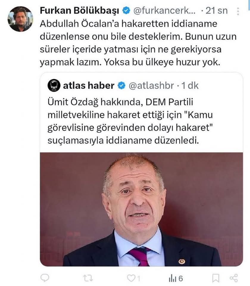 Zafer Partisi Beyoğlu İlçe Başkanlığı olarak ,Furkan Bölükbaşı isimli sosyal medya trolünün genel başkanımız Sayın Ümit Özdağ hakkında sarf ettiği sözler,  bebek katili terörist başını övme ,Adil yargılamayı etkilemeye ve halkı kin ve nefrete sürüklemeye yönelik paylaşımlarından