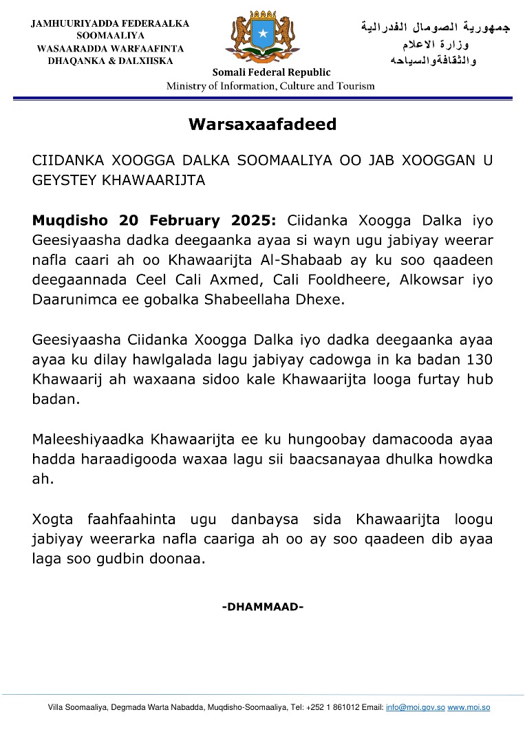 sntvnews1's tweet photo. Over 130 Al-Shabaab terrorists have been eliminated after they attempted to attack Ali Foldhere, Ali Axmed, Darunimca, and Alkowser in Hirshabelle State on Thursday. The National Armed Forces and vigilant locals foiled the attacks. https://t.co/ef8kAaOlT6