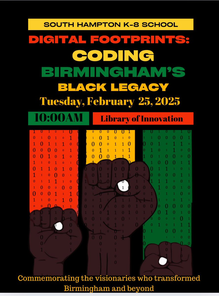 South_Hampton_'s tweet image. Join us Tuesday, February 25, 2025 at 10:00AM. SHK8 students will be showcasing their apps on Birmingham’s Black Legacy. #Edfarm #Swiftplayground