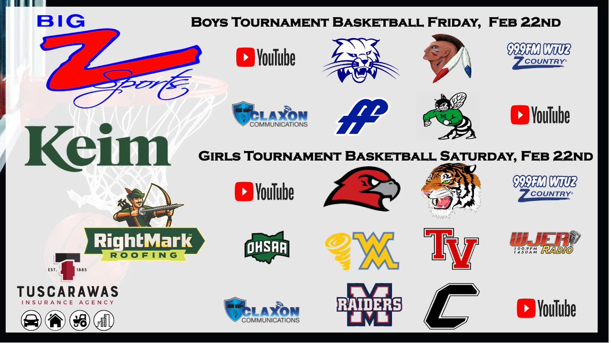 Tournament basketball coverage continues 
2/21
<a href="/bluebobcats/">Cambridge Athletics</a>  @ <a href="/IVBraves/">Indian Valley Athletics</a>  - 99.9FM &amp; YouTube
<a href="/FortFryeCadets/">WeAreFortFrye</a>  @ <a href="/hornets_malvern/">Malvern Hornets Basketball 🏀 🐝</a>  - YT

]2/22
<a href="/HilandAthletics/">Hiland Hawks</a>  vs <a href="/StrasburgGBB/">Strasburg Lady Tiger Hoops</a>   - 99.9 &amp; YT
<a href="/WestMSports/">Tornado Athletics</a>  vs <a href="/TVLadyHoops/">TV Lady Hoops</a> - WJER 100.9
<a href="/Morganraiderad1/">Morgan Raiders Athletics</a>  vs <a href="/CarrSports/">Carrollton Sports</a>  YT