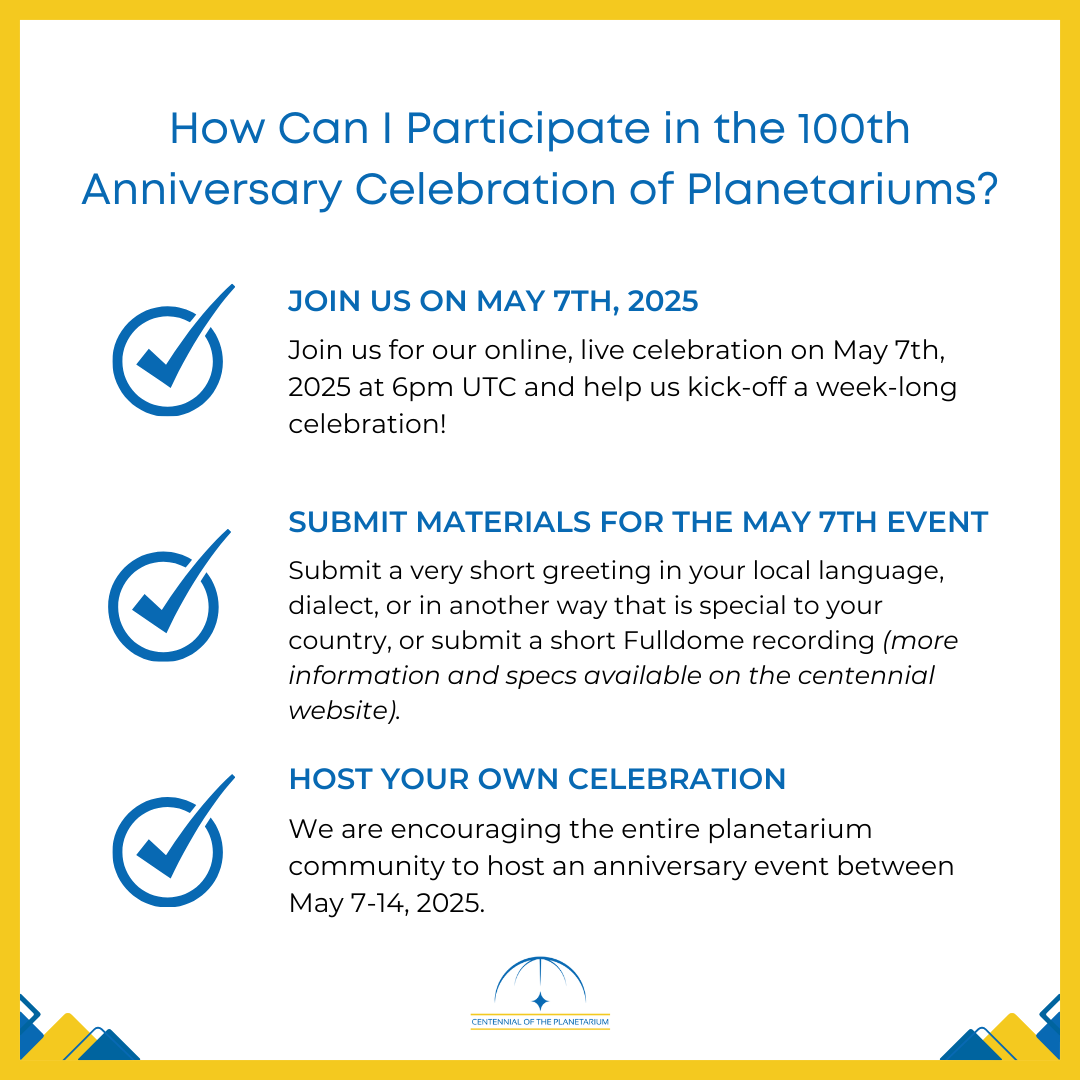 Wondering how you can take part in the 100th anniversary of planetariums? 

Learn more and access all the details: planetarium100.org/centennial-pro…