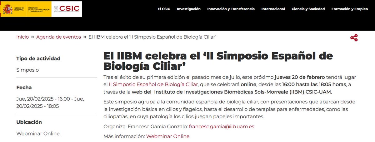 📢Hoy es el II Simposio de Biología Ciliar en el #IIBmCSICUAM
En la Sala Online 👉conecta.iib.uam.es/b/fra-nxn-xi7