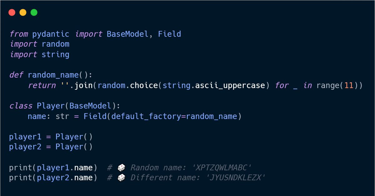 Python__Task's tweet image. 🚀 Pydantic Magic: Using default_factory for Custom Functions! 🏆🐍
Need dynamic defaults in your Pydantic models? Use default_factory! 🚀
#Python #PythonCode #PythonTips #PythonDev #Coding #Programming #SoftwareEngineering #DevLife #CodeNewbie #100DaysOfCode 🐍