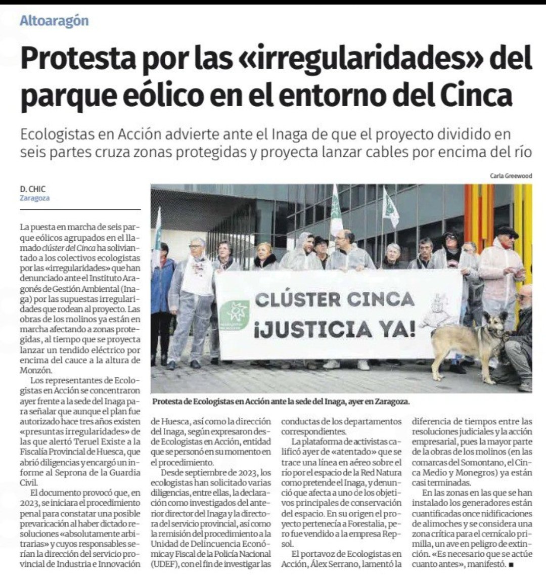 Protestas por las irregularidades del "Cluster del Cinca" troceado en 6 parques eólico, dicho Cluster está siendo investigado por la Guardia Civil y Fiscalía de Huesca gracias a las denuncias del Mov Ciudadano <a href="/TeruelExiste_/">Teruel Existe</a>
