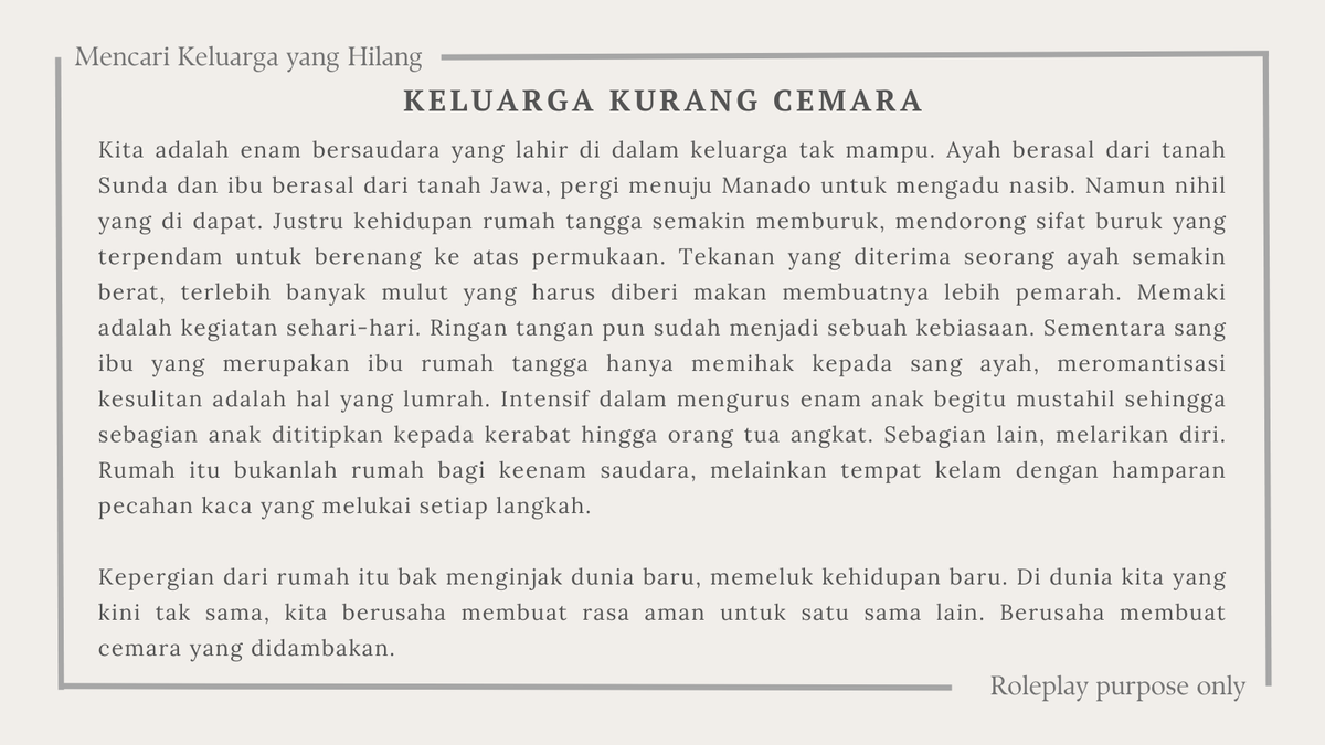 diselaras's tweet image. 󠁽󠀮󠀮󠀠󠀠
DICARI: Anak Kelima dari Enam Bersaudara.

Hai gengs. Aku dan keluarga sedang mencari anak kelima yang masih ngumpet entah dimana. SL keluarga sudah dilampirkan, untuk SL pribadi dibebaskan yang penting masih selaras.

Benefit: Engga feeling lonely anymore.
󠁽󠀮󠀮󠀠󠀠