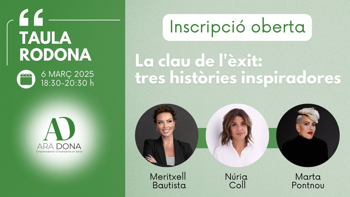 👩‍🦰Tens un equip de treball al teu càrrec? 👉
Inscriu-te a la sessió #AraDonaSBD i participa en el debat sobre feminisme i món empresarial i obstacles per assolir l’èxit.

📅 6 març, de 18:30 a 20:30 h
📍 Auditori del Casal Pere Quart (Rambla, 69)

+INFO a sabadellempresa.cat/suport-empresa…