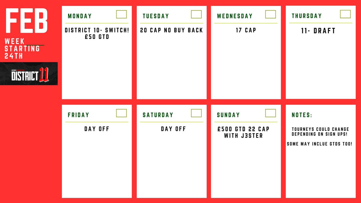 District Schedule for week starting 24th of February
