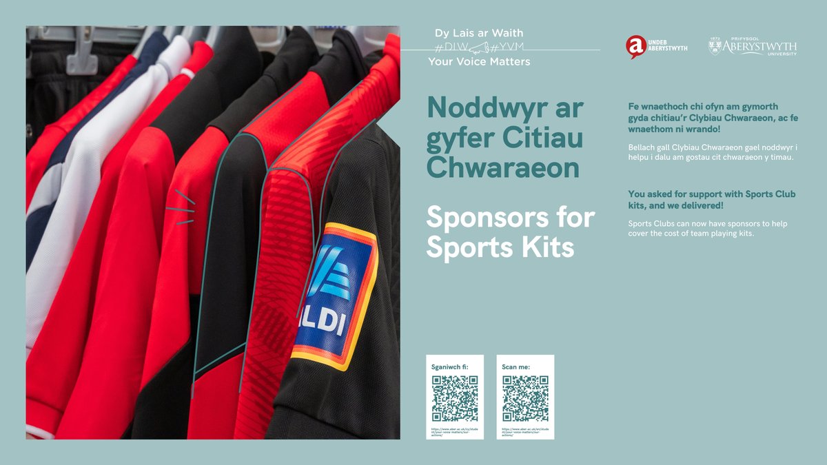 Sponsors for Sports Kits
You asked for support with Sports Club
kits, and we delivered!
#YVM
Noddwyr ar gyfer Citiau Chwaraeon
Fe wnaethoch chi ofyn am gymorth gyda chitiau'r Clybiau Chwaraeon, ac fe wnaethom ni wrando!
#DLW