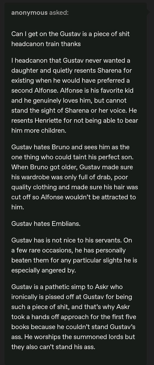 Guarder_Sol's tweet image. Boyfriend finally convinced me to start a Tumblr account and heard from a friend Gustav isn't particularly liked but...

Man. These takes are WILD. Not the Henriette slander too... 😭😭