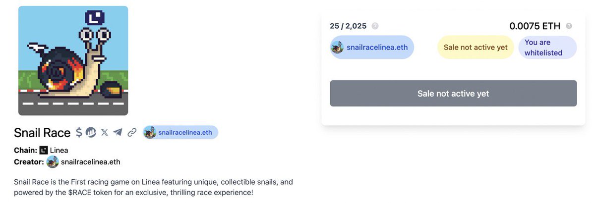 🐌 We're excited to launch the Snail Race Waitlist Checker!

👉 snail-race-2025.nfts2.me

🔥 RT + comment ‘ $LINEA ’ for a chance to win a FREE Snail NFT!

💰 Are you ready to earn some $RACE and convert it to $LINEA ?

💻 Don’t worry, our website’s built like a snail,slow and