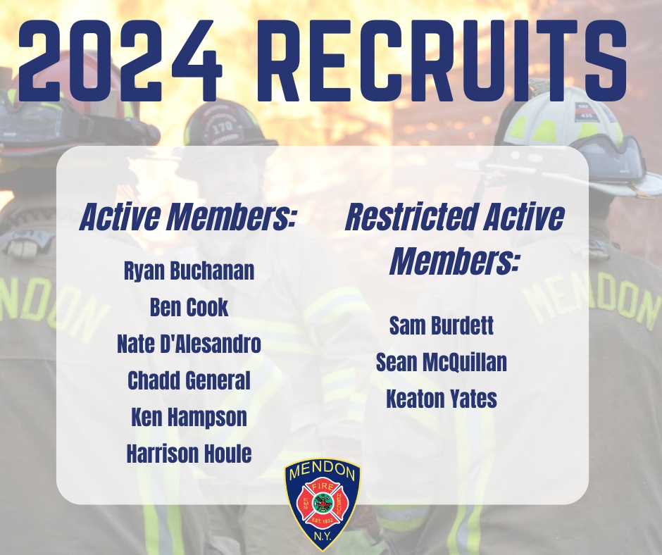 🚒 2024 was an incredible year for the Mendon Fire Department, and we’re excited to welcome our newest members to the team! 

Active Members:
Ryan Buchanan, Ben Cook, Nate D'Alesandro, Chadd General, Ken Hampson, Harrison Houle  

Restricted Active Members:
Sam Burdett, Sean M...