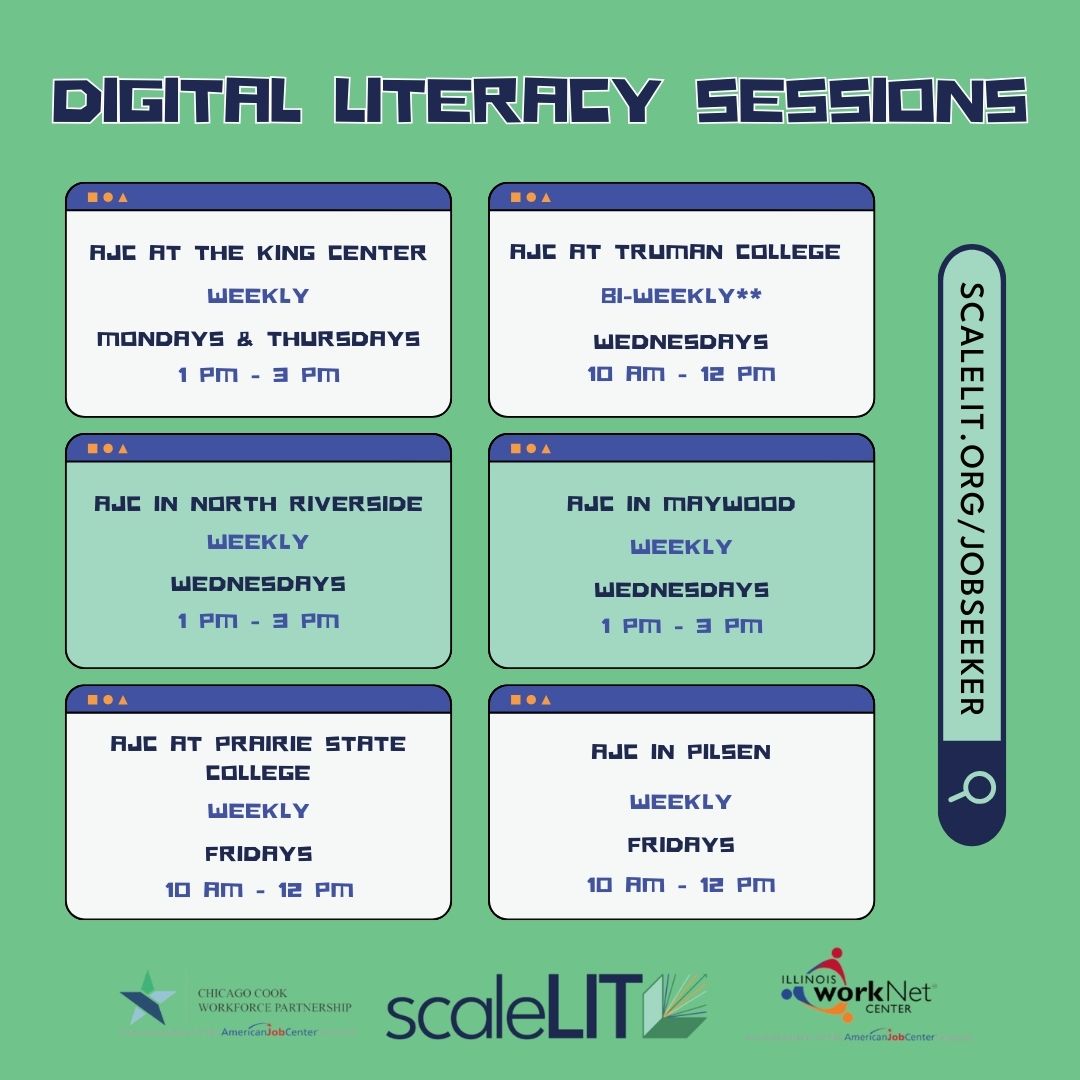 We host drop-in digital literacy training at AJCs across Cook County! Build your skills using different technology, computer applications, and platforms for free! You can earn certificates to show employers your new computer skills! Visit scaleLIT.org/jobseeker to learn more